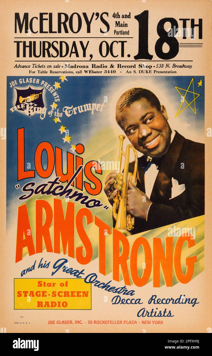 Louis Armstrong - Satchmo - Poster del concerto jazz d'epoca di McElroy (Joe Glaser presenta, 1945) Portland Oregon Foto Stock