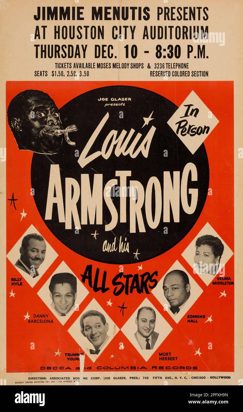 Satchmo - Louis Armstrong e il suo poster di concerto all Stars Houston City Auditorium (Jimmie Menutis 1959) Foto Stock