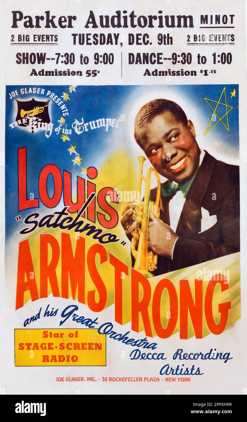 Louis Armstrong, Satchmo, poster del concerto jazz d'epoca del 1941 - Parker Auditorium Minot Foto Stock
