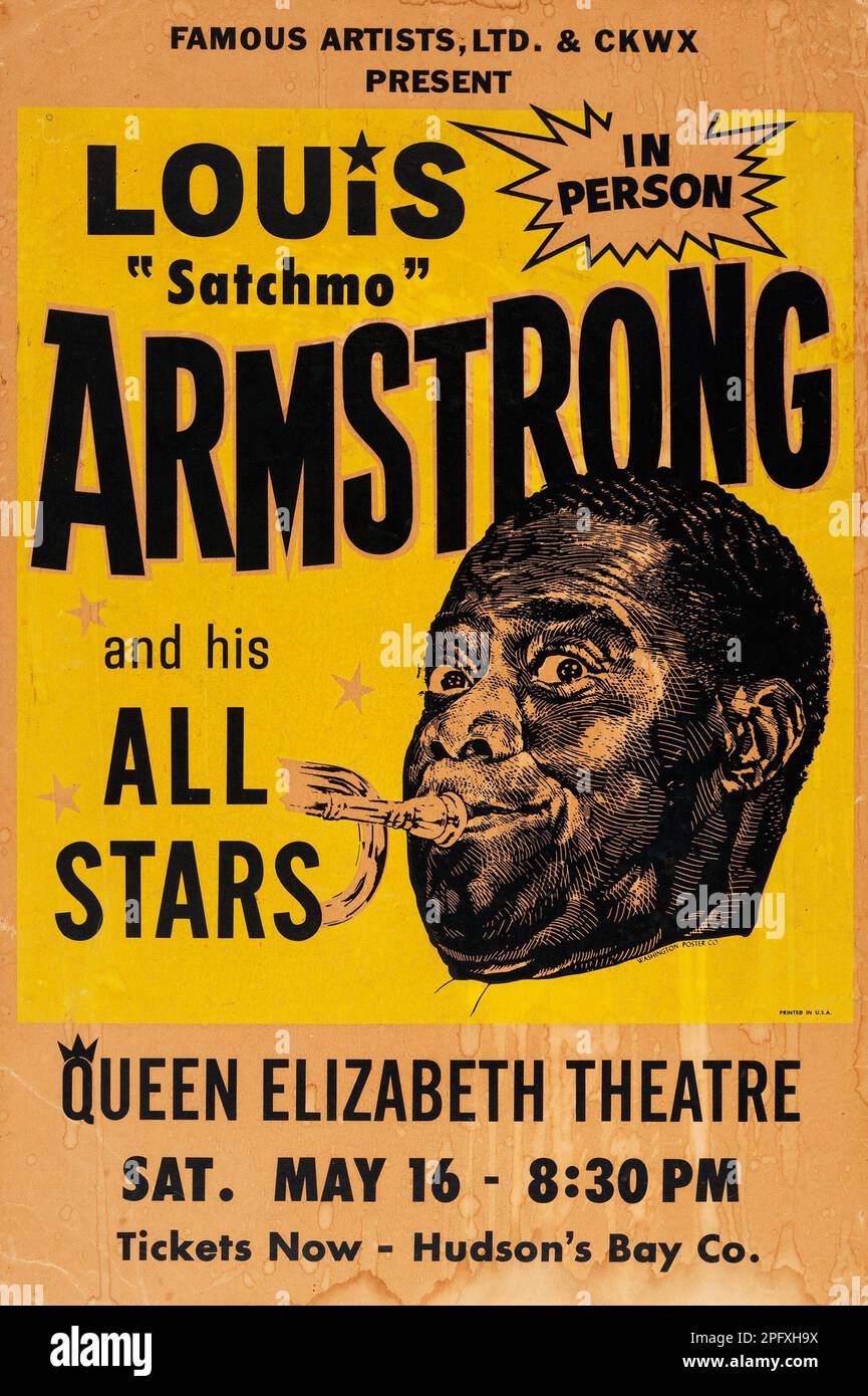 Satchmo - Louis Armstrong e il suo poster dei concerti vintage del Teatro Queen Elizabeth All Stars (1964) Foto Stock