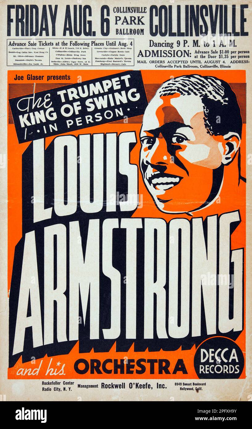 Poster del concerto di Satchmo - Louis Armstrong (Joe Glaser presenta, 1937) Sala da ballo Collinsville Park Foto Stock