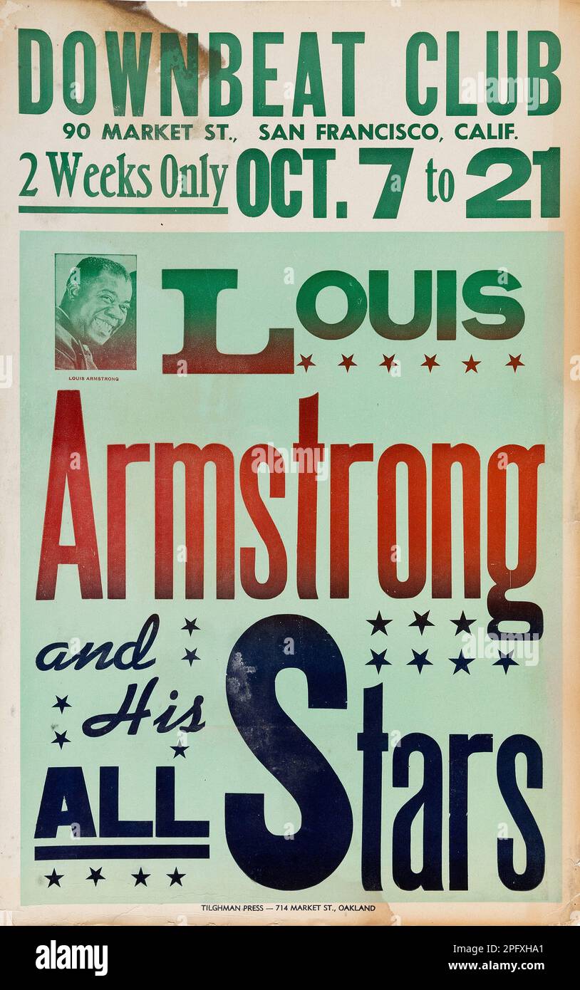 Satchmo - Louis Armstrong e le sue All Stars - Downbeat Club degli anni 50, San Francisco Vintage Concert Poster Foto Stock