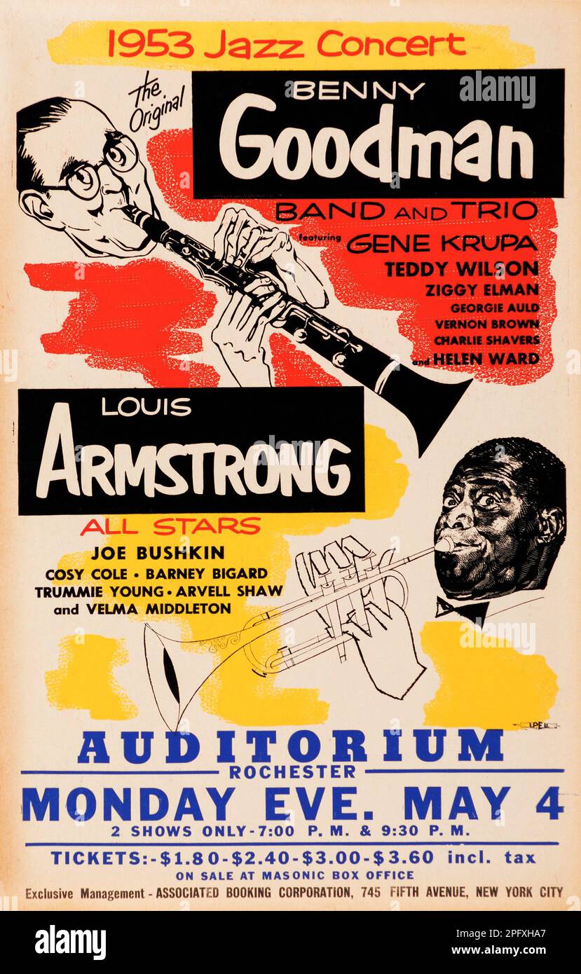 Satchmo - Louis Armstrong, Benny Goodman 1953 Rochester, New York, Poster Concert, Auditorium Rochester Foto Stock