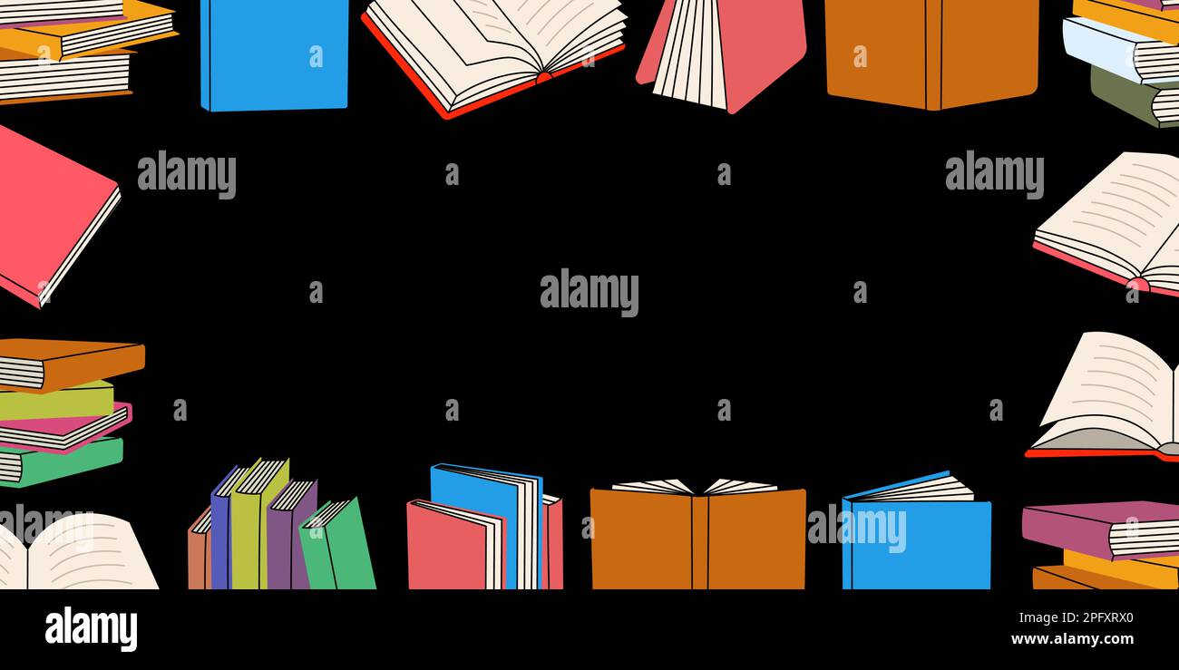 Modello di banner orizzontale per libri. Sfondo libri chiusi e aperti. Libreria, biblioteca, illustrazione libreria. Letteratura, dizionari, pianificatori. Illustrazione Vettoriale
