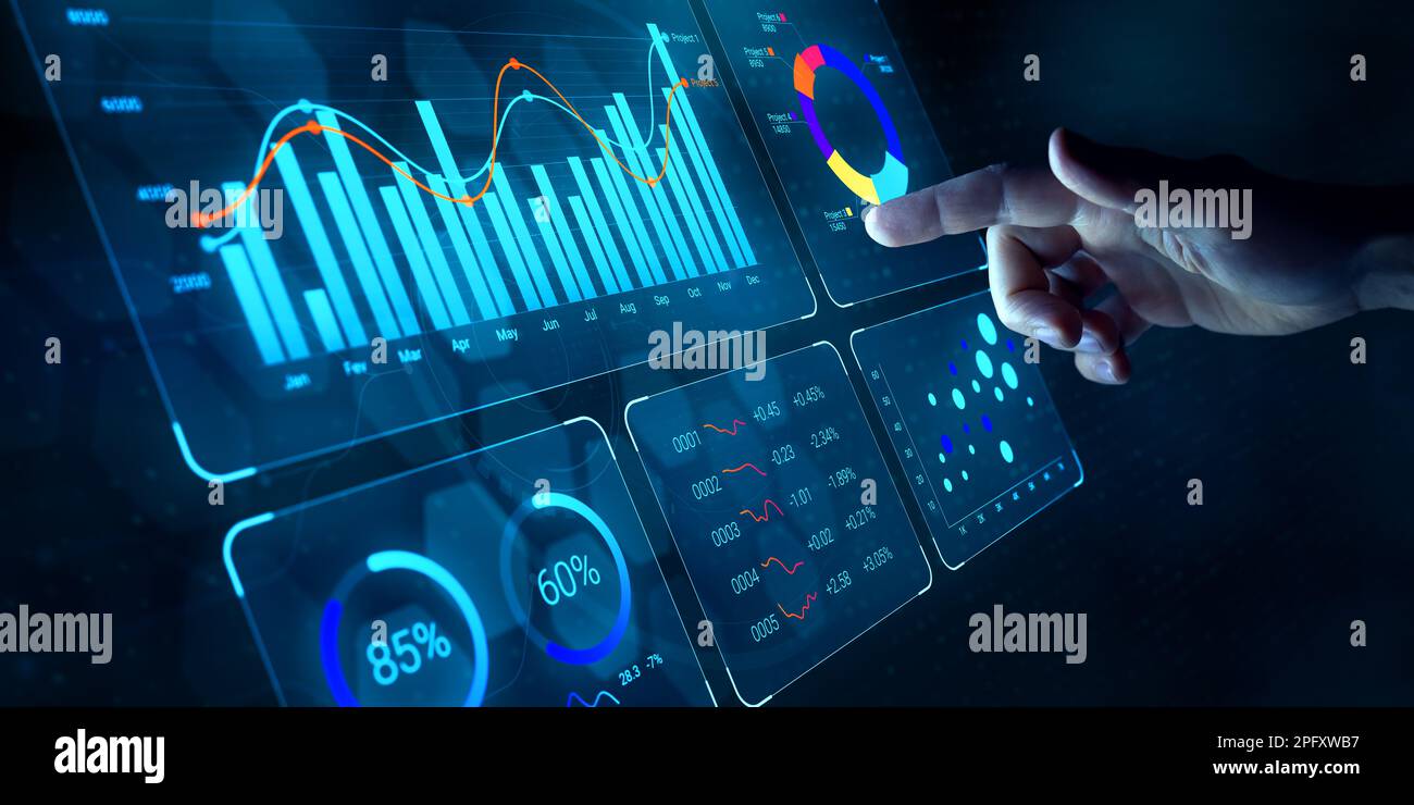 Analista di dati che lavora su un dashboard di analisi aziendale con grafici, metriche e KPI per analizzare le prestazioni e creare report dettagliati per l'addetto alle operazioni Foto Stock