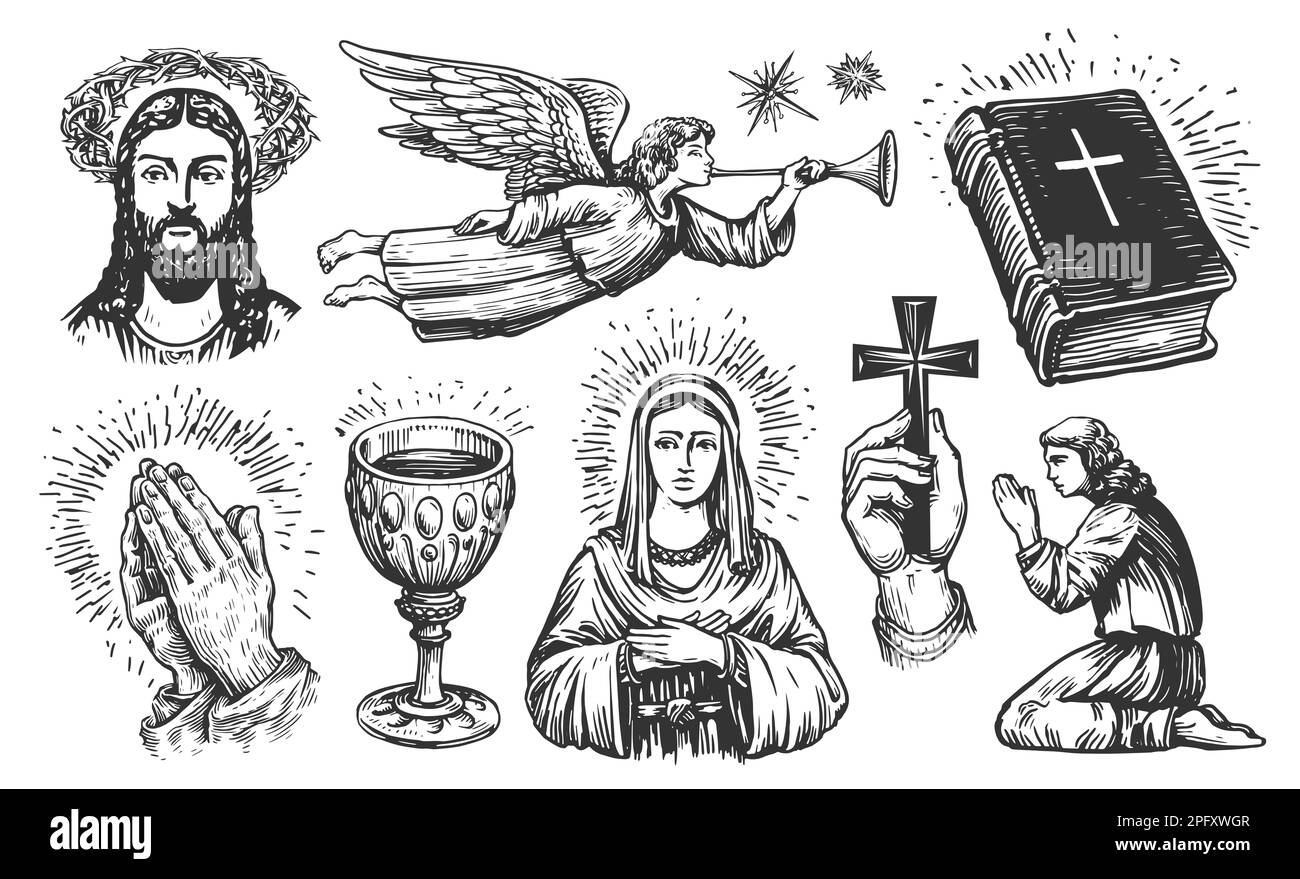 Fede nel concetto di Dio, disegno. Collezione disegnata a mano di illustrazioni religiose in stile d'incisione vintage Foto Stock