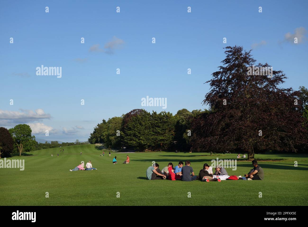 Gente che si gode il sole nei giardini del castello di Kilkenny, in Irlanda Foto Stock