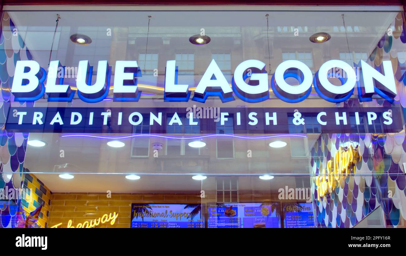 insegna del negozio di pesce e fiche della laguna blu Foto Stock