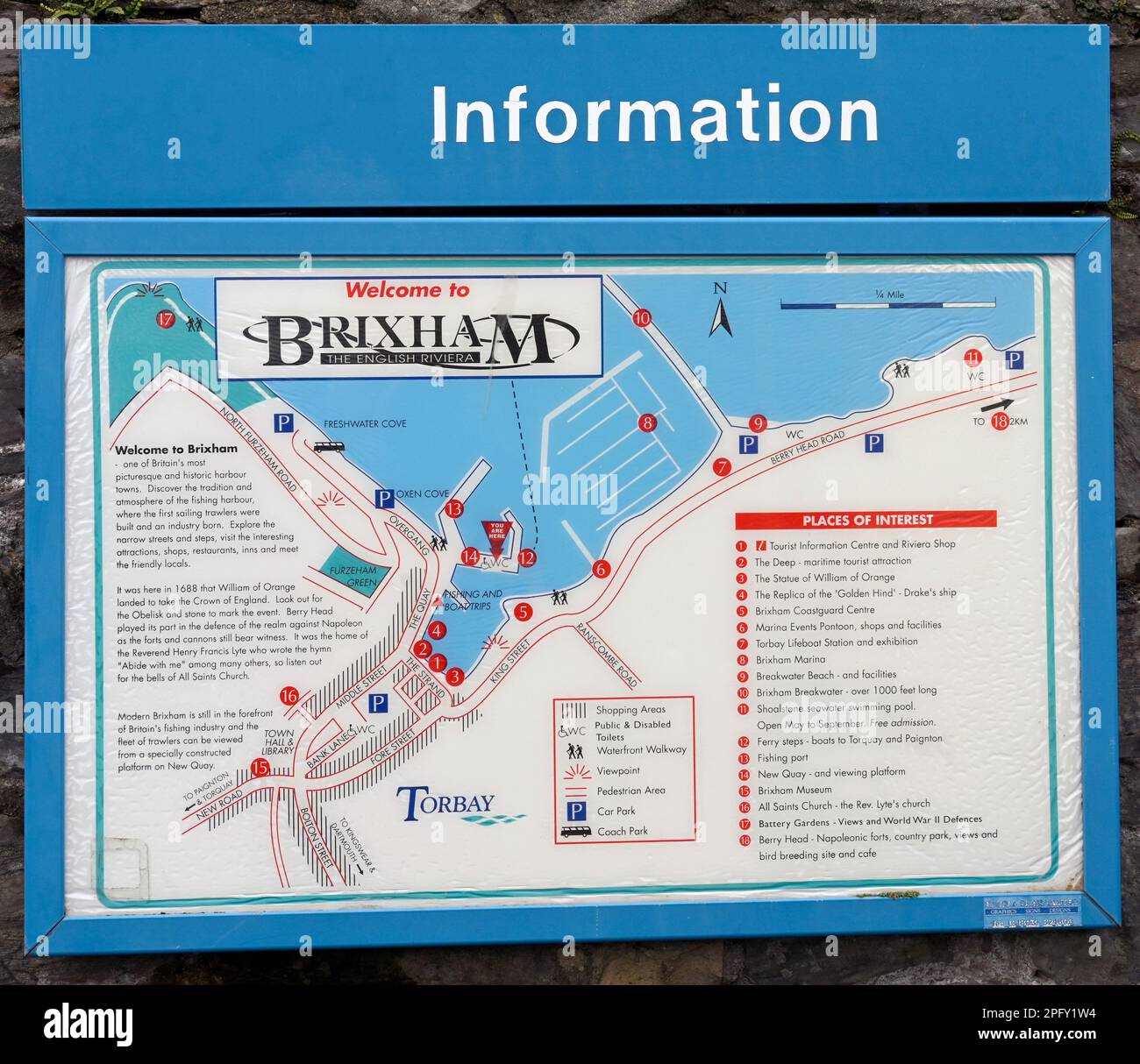 Benvenuti a Brixham segno, Brixham, Devon, Inghilterra, Regno Unito - scheda di informazioni turistiche Foto Stock