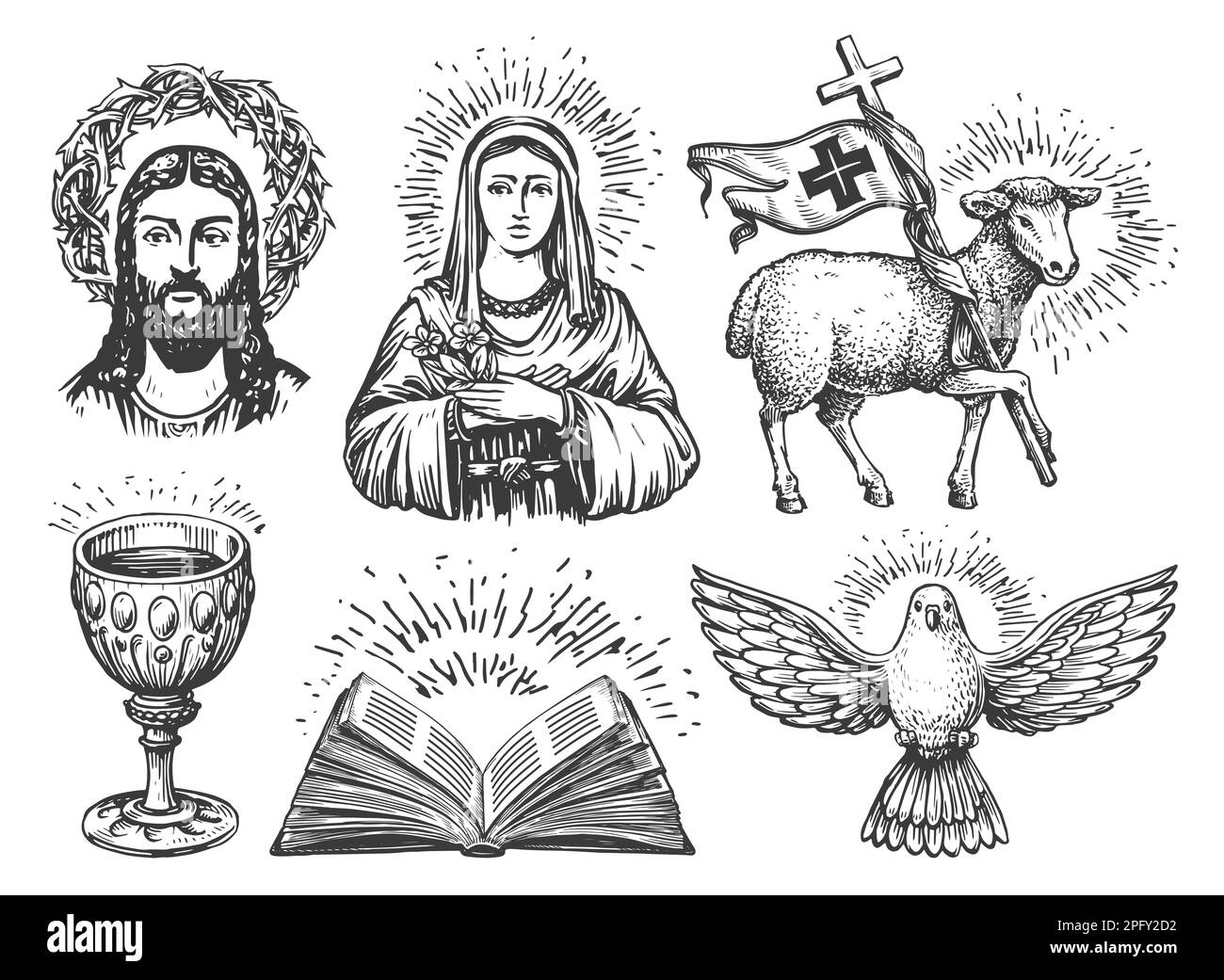 Santo Graal, Gesù con corona di spine, Sacra Bibbia, Vergine Maria, dove, simbolo di pecora cattolicesimo. Fede nel concetto di Dio Foto Stock