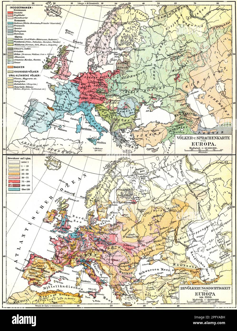 Mappa dei popoli e delle lingue e mappa della densità demografica dell'Europa. Pubblicazione del libro «Meyers Konversations-Lexikon», volume 2, Lipsia, Foto Stock