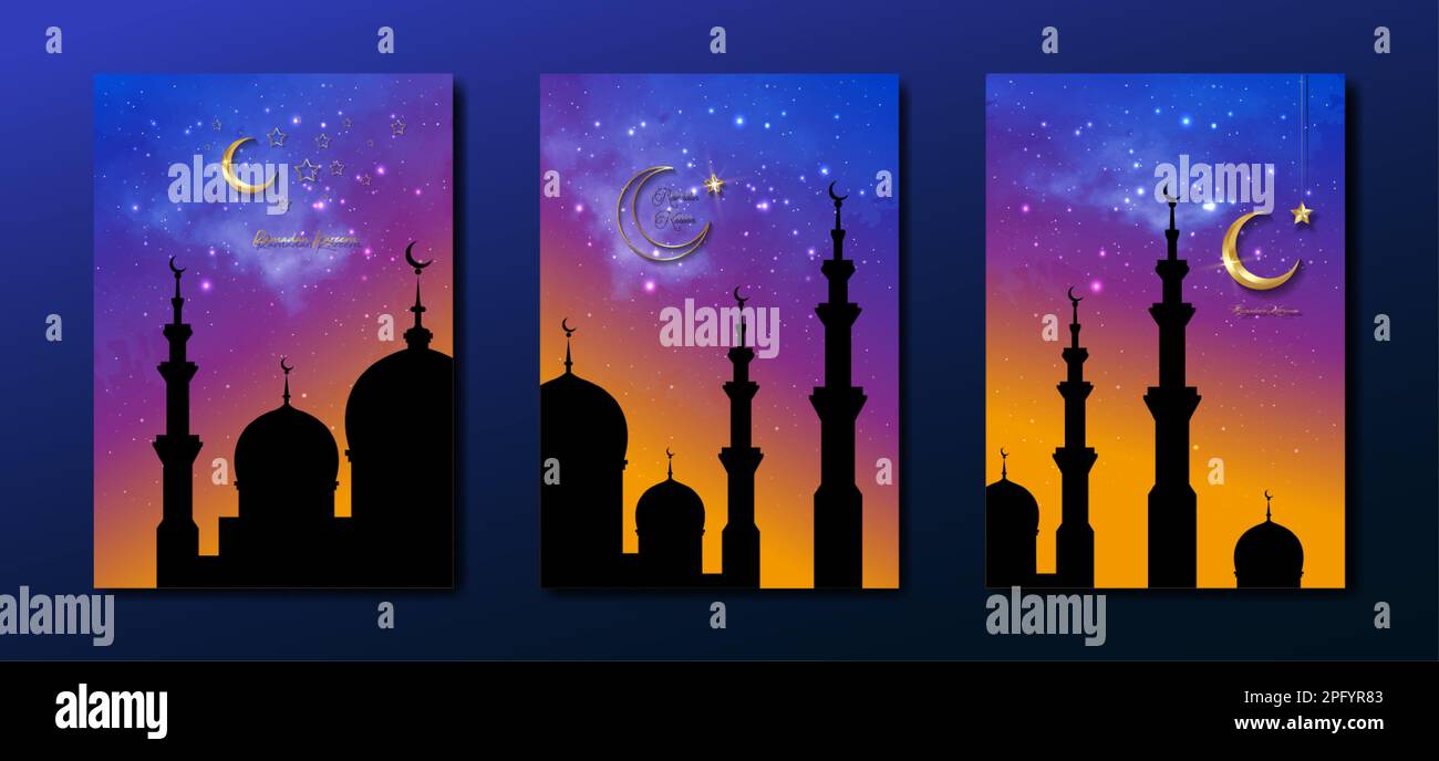 Ramadan Kareem 2023 Vector Set biglietto d'auguri. Mezza luna d'oro su sfondo colorato stellato. poster delle feste con testo, simbolo islamico. Concetto musulmano Illustrazione Vettoriale