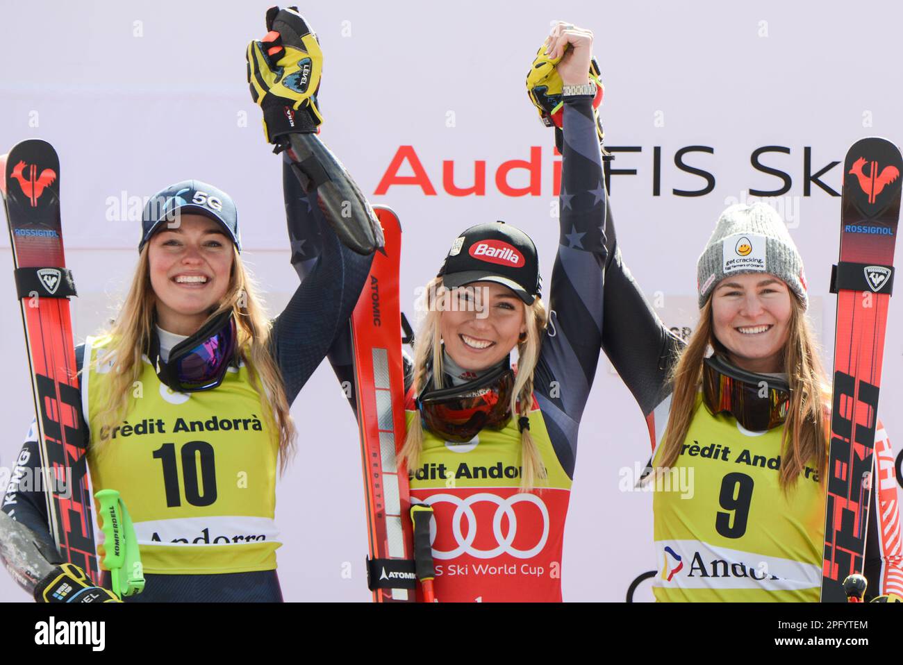 Andorra. 19th Mar, 2023. Il podio dopo la gara di sci gigante Slalom alle finali della Coppa del mondo di sci Audi FIS.left- Thea Louise Stjernesund di Norvegia (secondo posto).Center-Mikaela Shiffrin degli Stati Uniti (vincitore).Right-Vanier Grenier del Canada (Credit Image: © Christopher Levy/ZUMA Press Wire) SOLO USO EDITORIALE! Non per USO commerciale! Credit: ZUMA Press, Inc./Alamy Live News Foto Stock