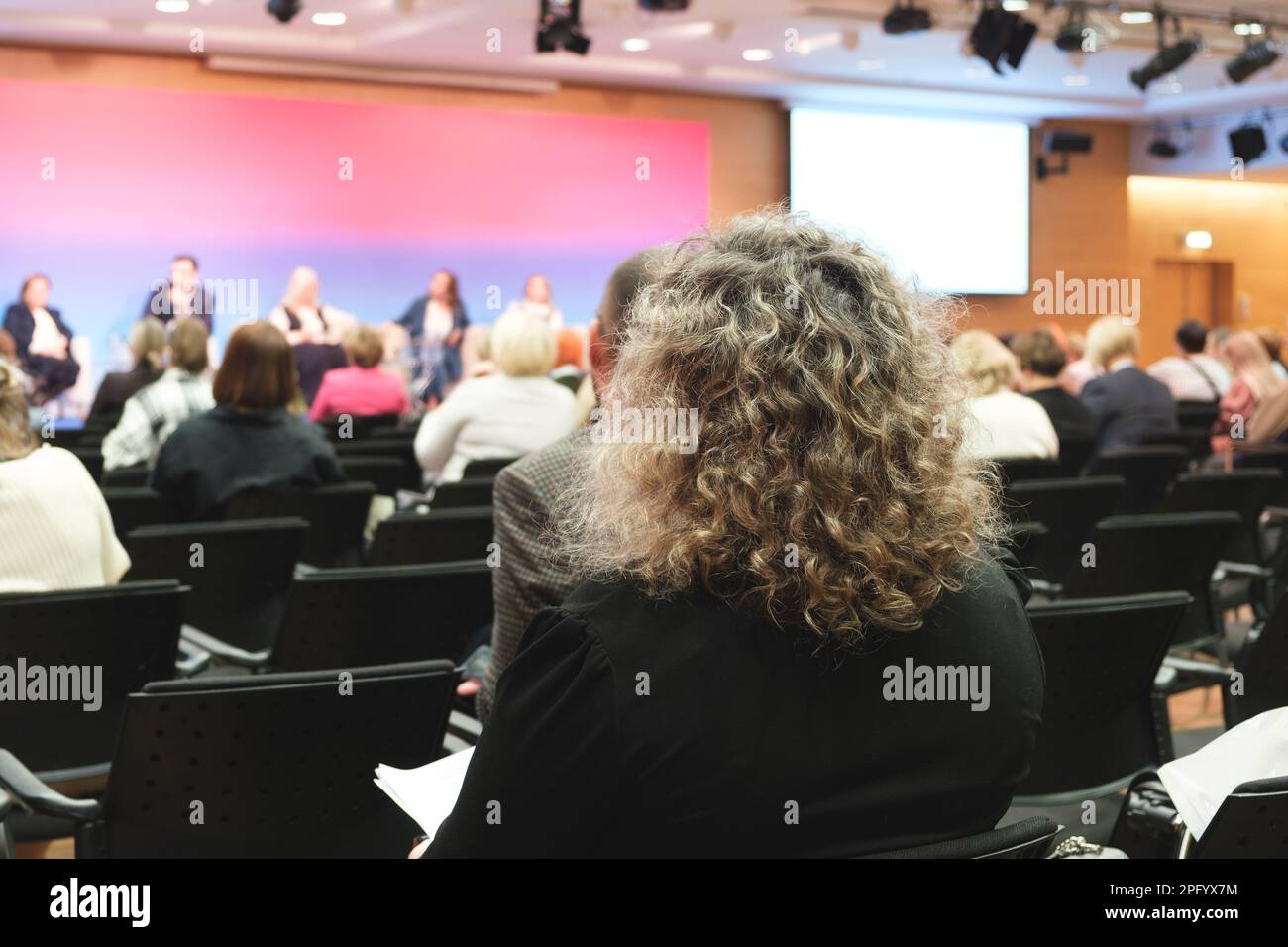 Donna d'affari e persone in ascolto sulla conferenza. L'immagine orizzontale Foto Stock