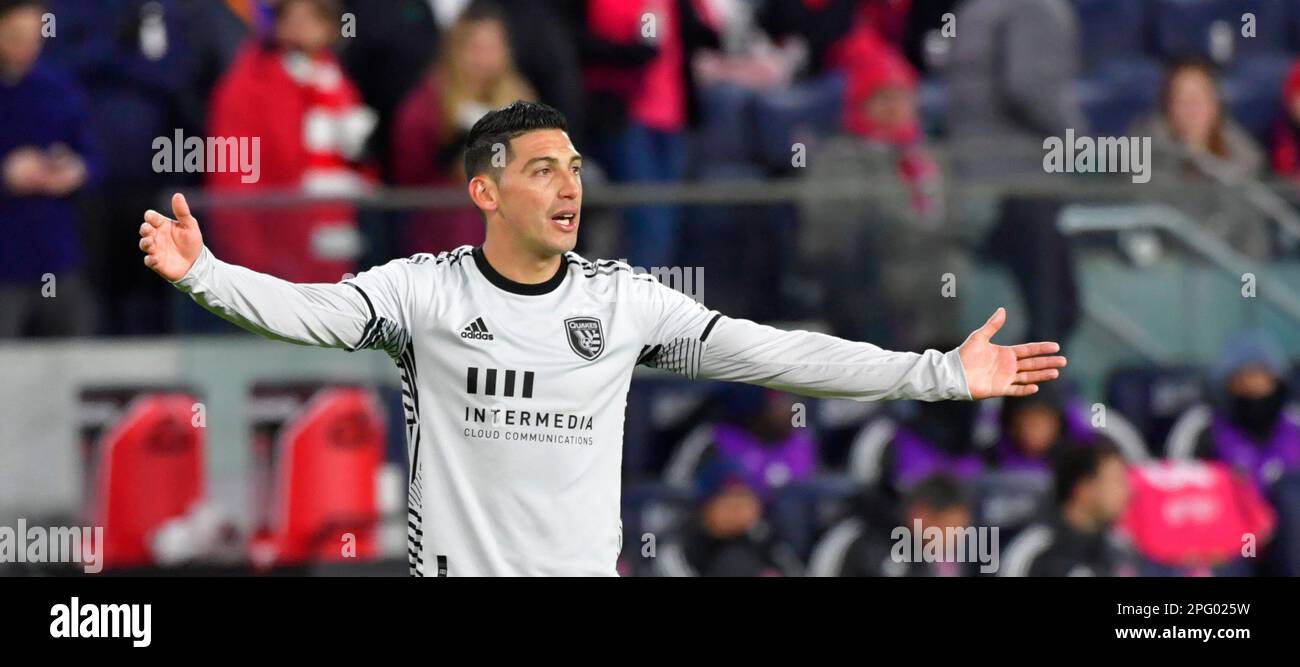 St Louis, Stati Uniti. 18th Mar, 2023. I terremoti di San Jose in avanti Cristian Espinoza (10) mostra la sua frustrazione. La città di STL ha sconfitto i terremoti di San Jose, 3-0, in una partita di calcio della Major League il 18 marzo 2023 al CITY Park Stadium di St. Louis, Missouri, Stati Uniti. Foto di Tim Vizer/Sipa USA Credit: Sipa USA/Alamy Live News Foto Stock