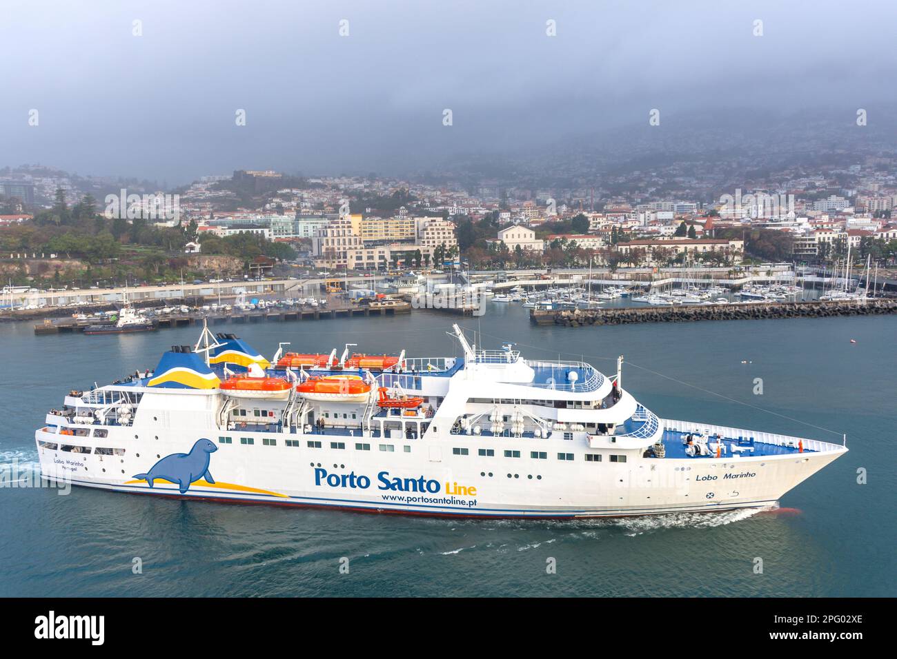 Porto Santo Line traghetto 'Lobo Marinho' entrata porto, Funchal, Madeira, Portogallo Foto Stock