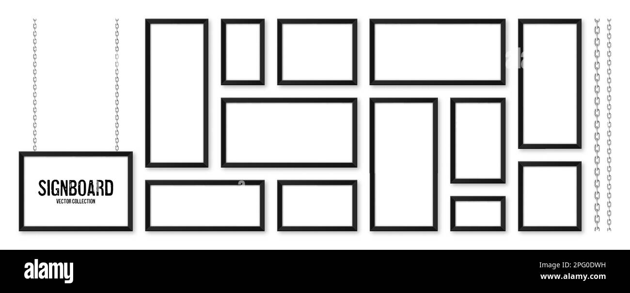 Cartelli neri appesi su una catena metallica. Menu del ristorante. Moderno poster mockup. Foto o cornice vuota. Pubblicità o presentazione Illustrazione Vettoriale