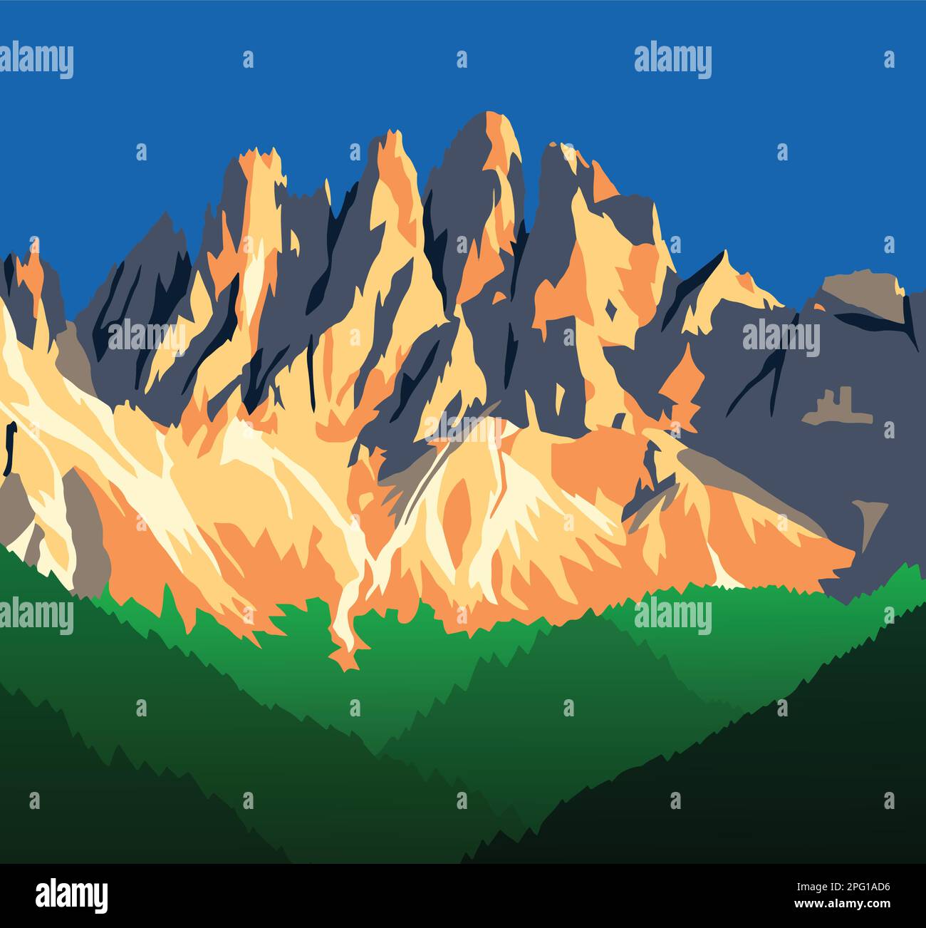 Vista panoramica serale di Geislergruppe o Gruppo dele Odle, illustrazione vettoriale, Alpi Dolomiti montais, Italia Illustrazione Vettoriale