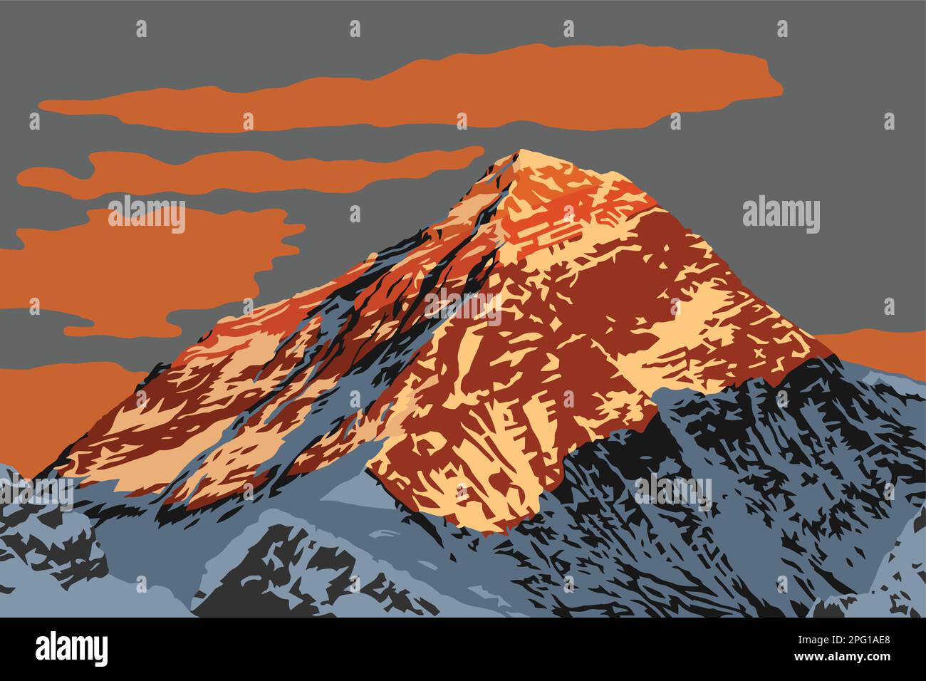 Montagna serale del logo dell'illustrazione vettoriale del monte Everest, montagne del Nepal Himalaya, monte Everest visto dalla cima di Gokyo Ri Illustrazione Vettoriale