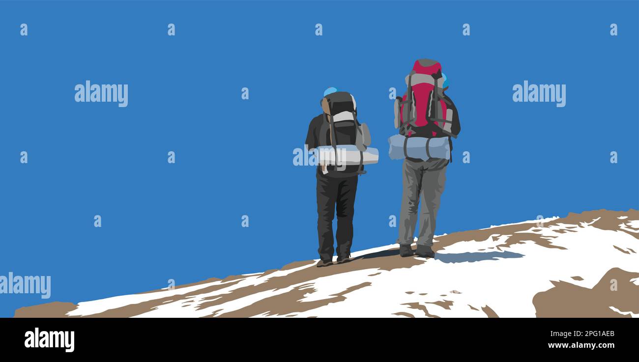 Due escursionisti con un grande zaino sulla schiena, illustrazione vettoriale Illustrazione Vettoriale