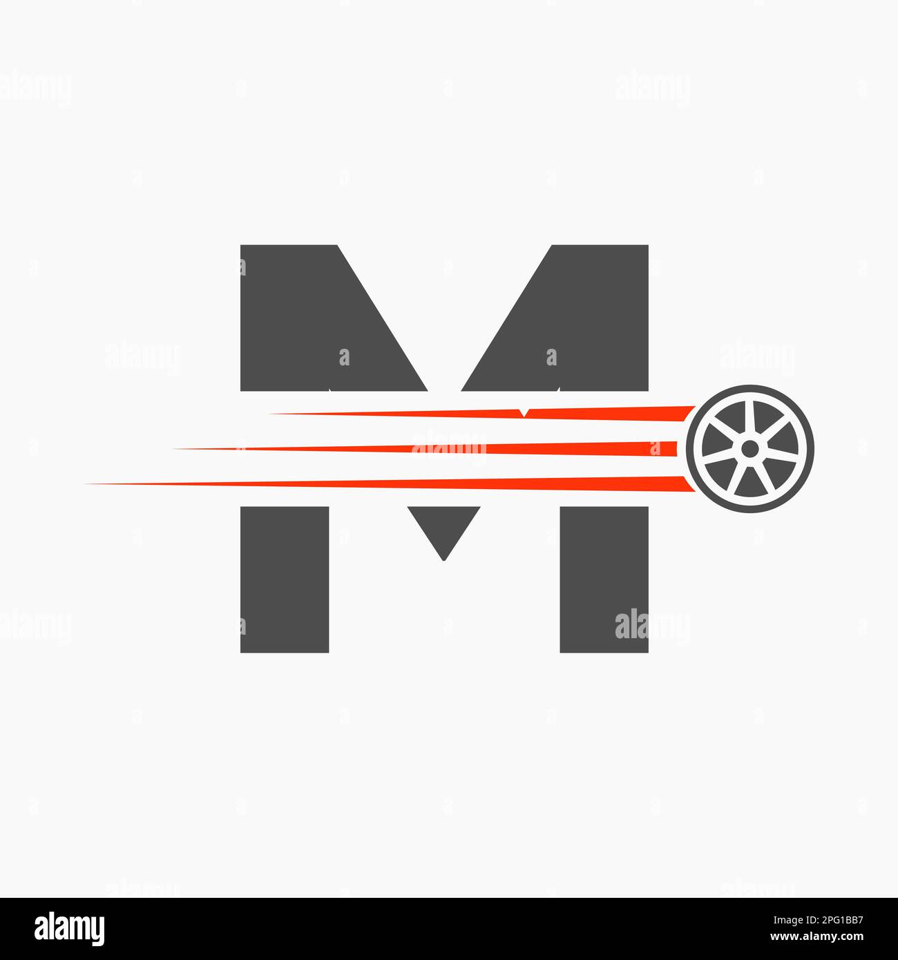 Lettera auto sportiva M concetto di logo automobilistico con icona di pneumatico da trasporto Illustrazione Vettoriale