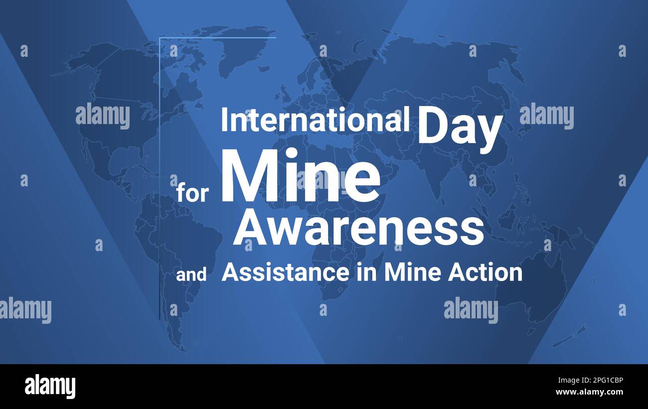 Tessera per la Giornata Internazionale per la consapevolezza e l'Assistenza alle Mine in azione minerale. Poster con mappa terrestre, sfondo con linee sfumate blu, testo bianco. FL Illustrazione Vettoriale