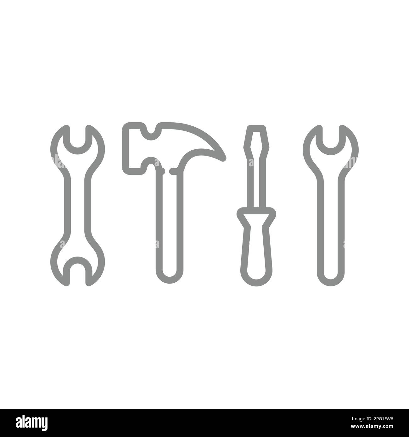 Chiave o chiave e martello, set di icone linea cacciavite. Icone delineate degli strumenti hardware. Illustrazione Vettoriale