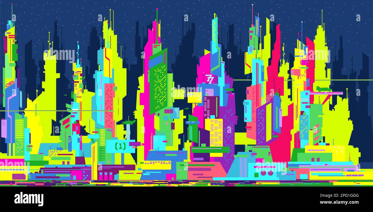 Neon colorato trendy Abstract futuristico Sci-fi Cyber Space City Landscape Vector Illustration Illustrazione Vettoriale