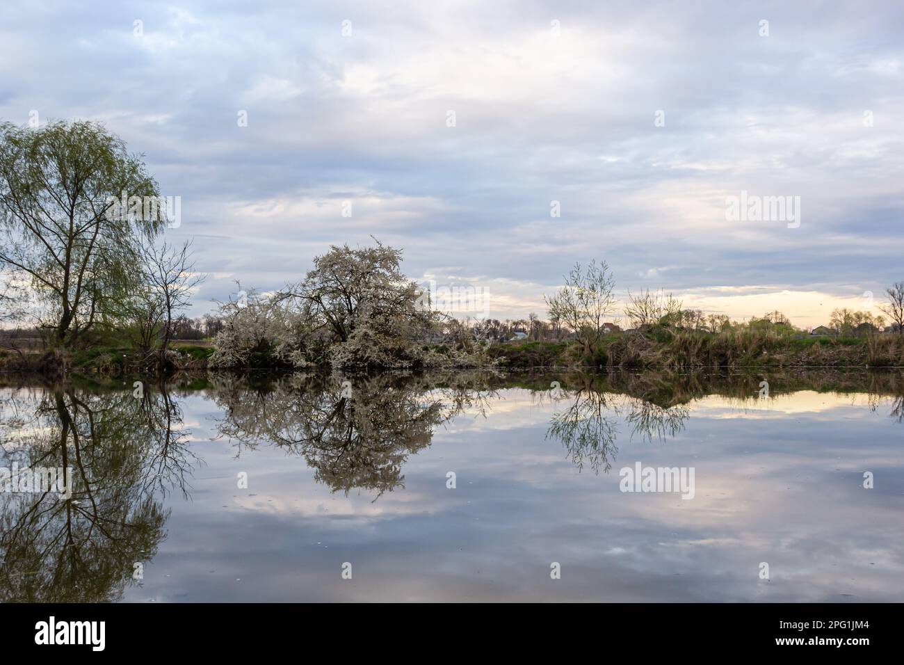 Inizio primavera nel parco della città. Splendida vista sul laghetto. Parco cittadino in paesaggio invernale. Bel laghetto all'inizio della primavera . Foto Stock