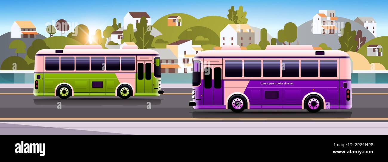 autobus urbani veicoli moderni trasporti pubblici traffico urbano e campagna confortevole concetto di movimento Illustrazione Vettoriale