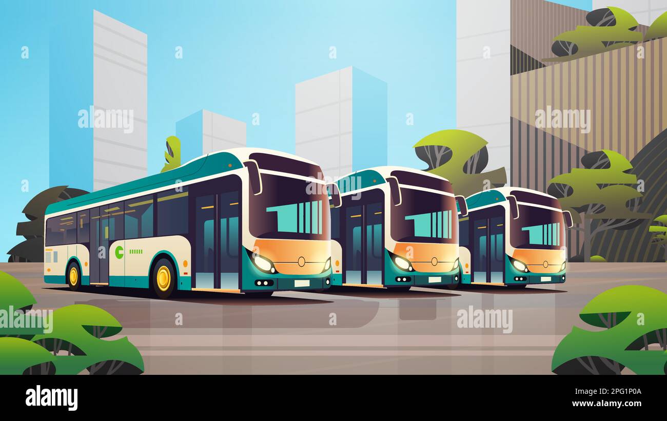 autobus urbani veicollel moderno trasporto pubblico urbano e campagna traffico confortevole movimento concetto Illustrazione Vettoriale