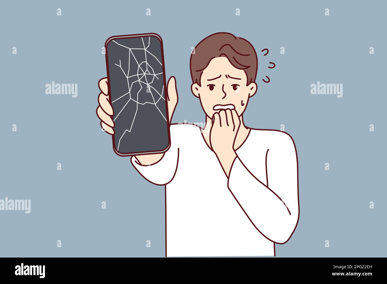L'uomo reagisce emotivamente al telefono rotto portando la mano alla bocca e sperimentando shock dovuto a un guasto. Un utente con smartphone rotto deve sostituire la matrice del display dai dipendenti dei centri di assistenza Illustrazione Vettoriale