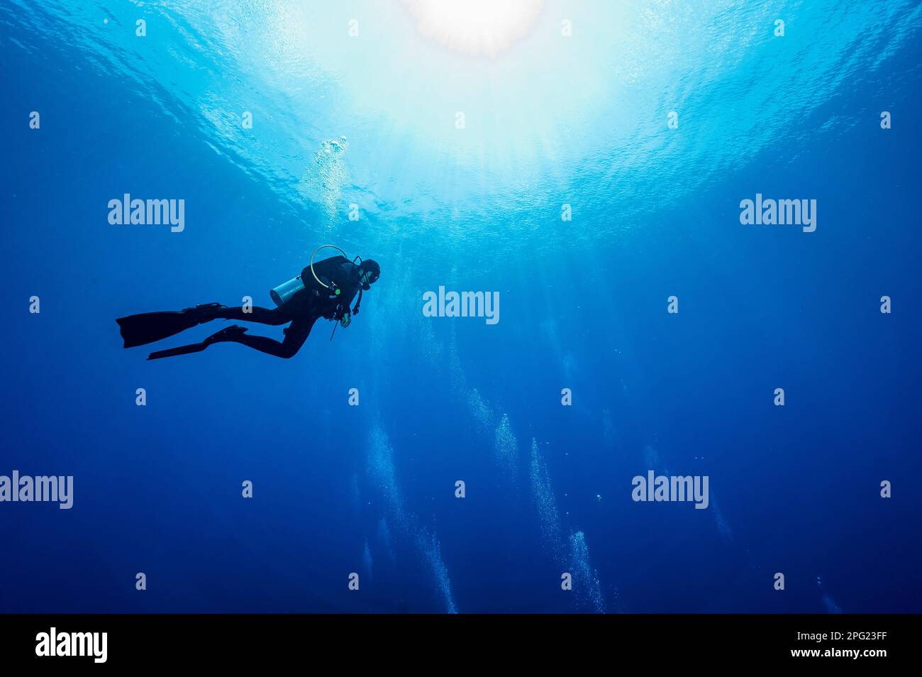 Il subacqueo galleggia nel Mare di banda durante una sosta di sicurezza obbligatoria Foto Stock