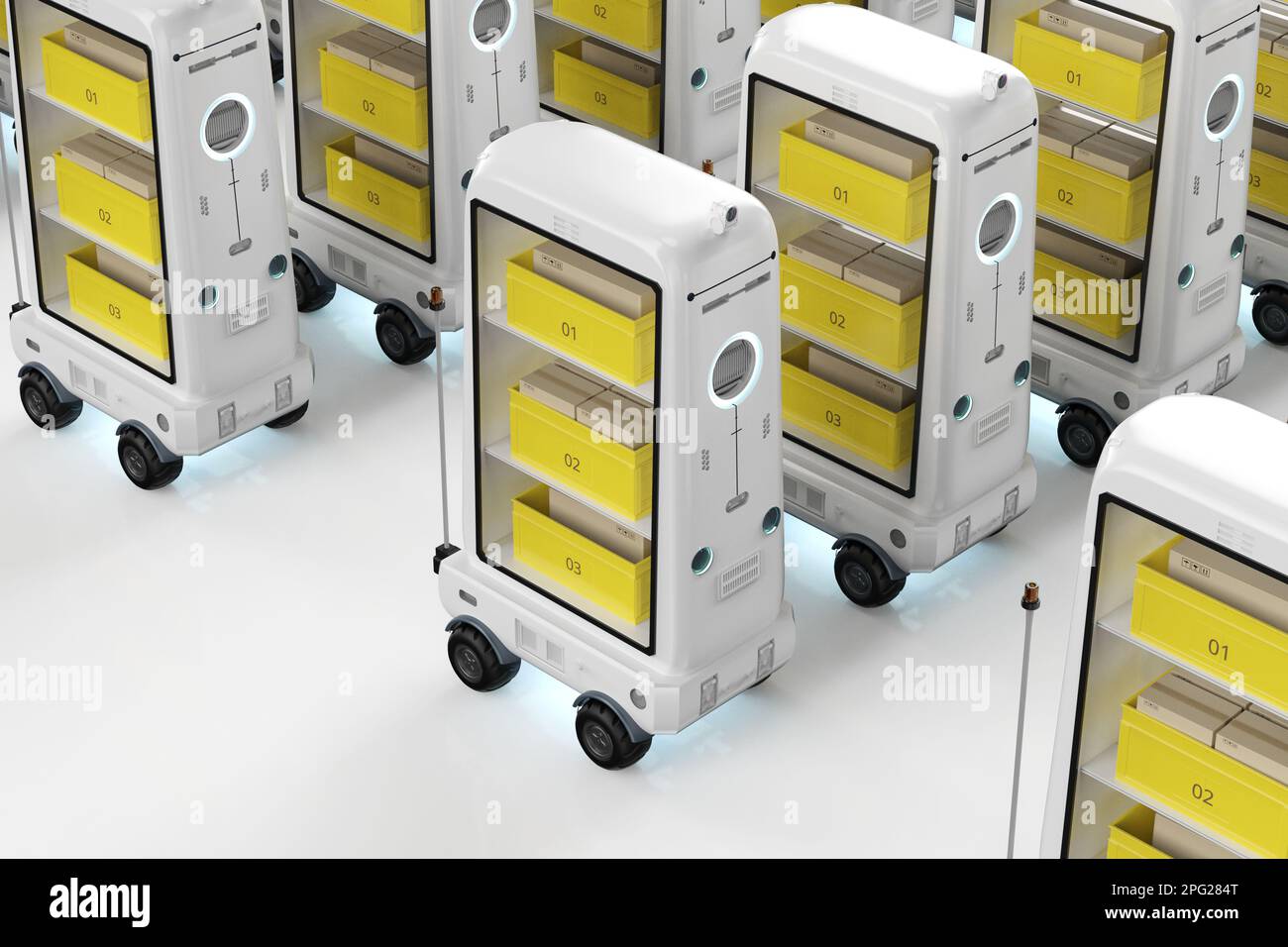 3d gruppo di robot di magazzino o di assistenti robotici che consegnano le confezioni Foto Stock
