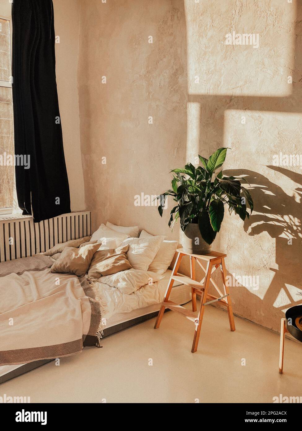 Camera da letto soleggiata con letto e grande fiore accanto ad esso. Lenzuola chiare e molti cuscini. Plant POT stand su elegante stand in legno. Pareti in gesso beige e. Foto Stock