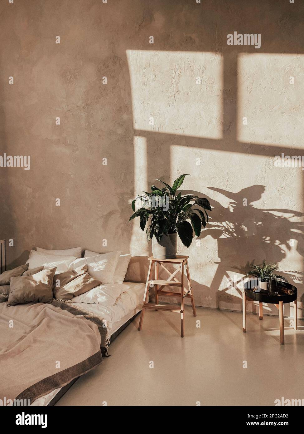 Camera da letto soleggiata con letto e grande fiore accanto ad esso. Lenzuola chiare e molti cuscini. Plant POT stand su elegante stand in legno. Pareti in gesso beige e. Foto Stock