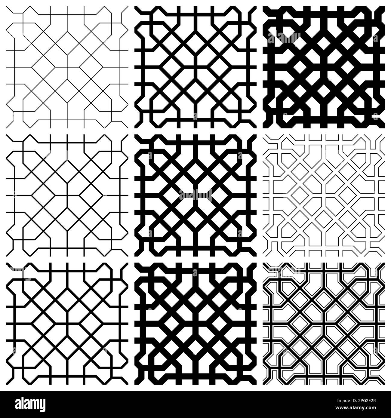 Ornamento geometrico senza cuciture basato su arte islamica tradizionale. Un insieme di nove elementi dello stesso motivo con spessori di linea diversi Illustrazione Vettoriale