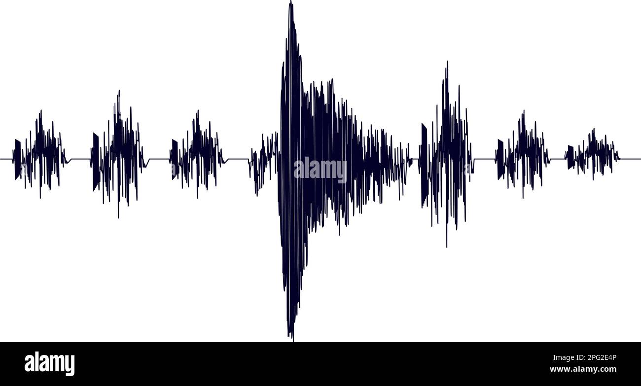 Sismogramma nero dell'attività sismica o record del rilevatore di menzogna. Sfondo diagramma terremoto o onda audio. Movimento del suolo, eruzione del vulcano. POLIGRAFO o Illustrazione Vettoriale