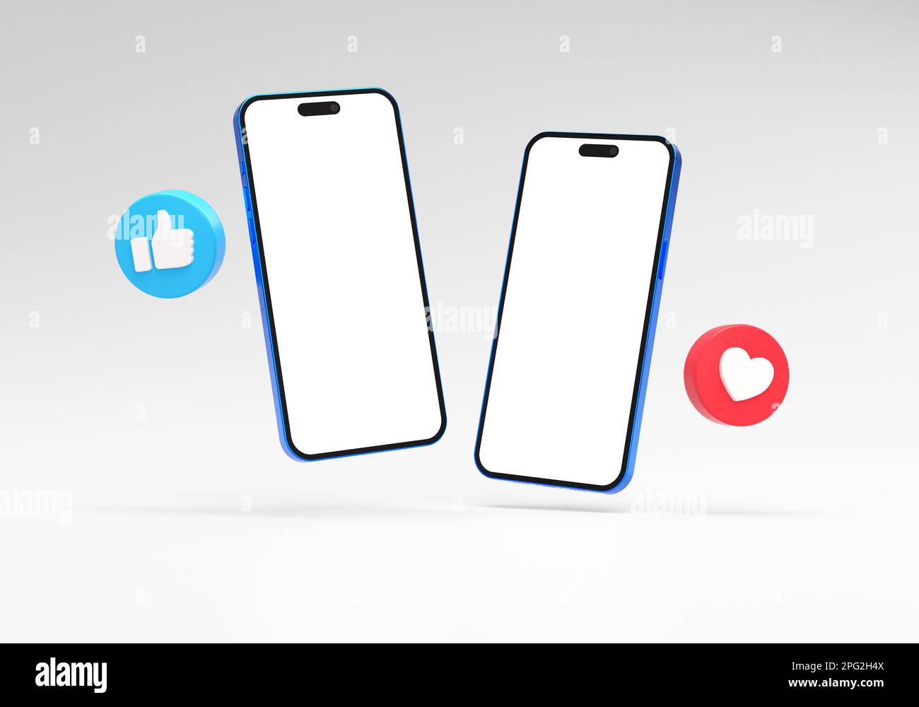 Valencia, Spagna - Marzo, 2023: Due telefoni cellulari mockup schermo vuoto con Facebook come pulsanti in rendering 3D. Concetto di modello post di social network Foto Stock