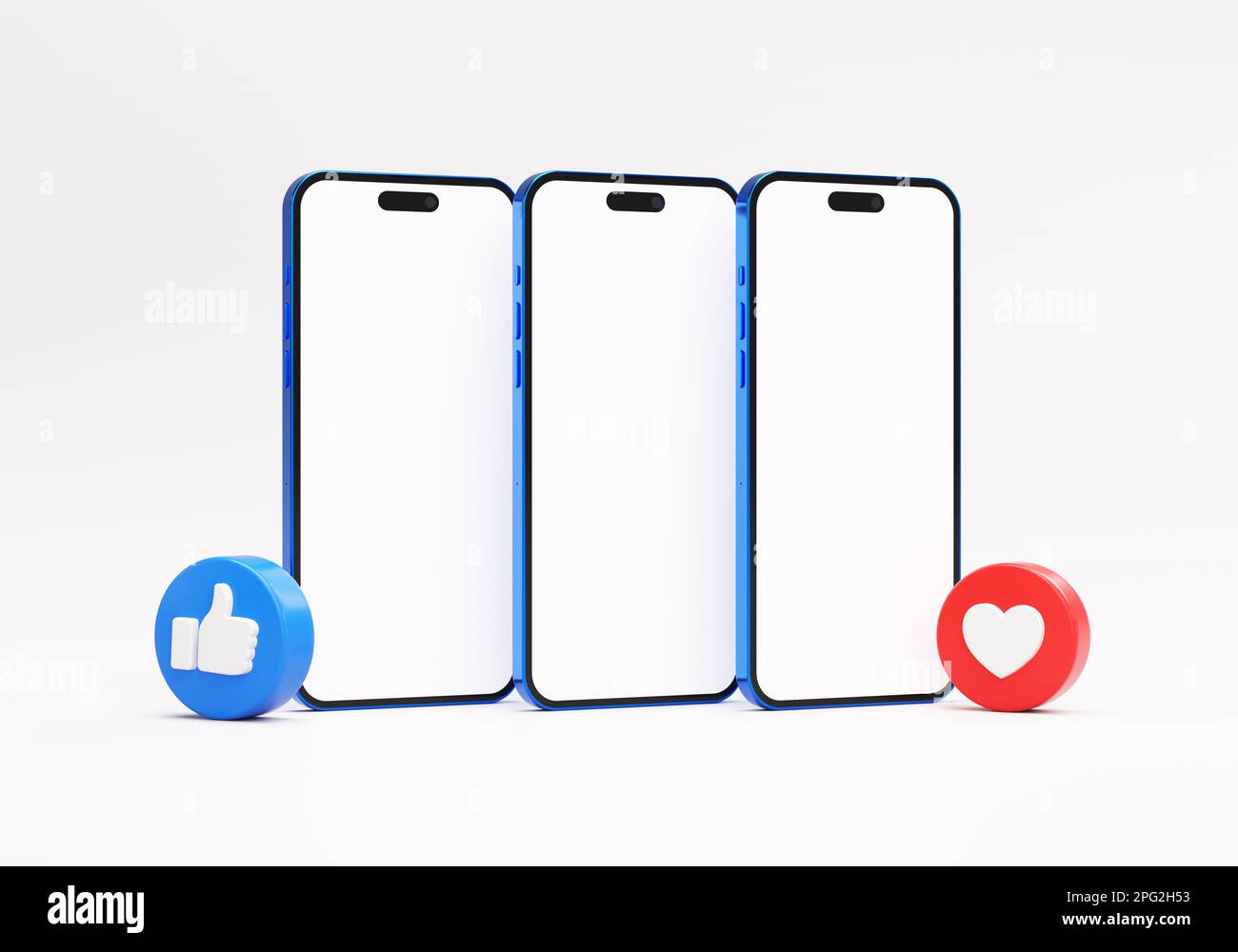 Valencia, Spagna - Marzo, 2023: Tre telefoni cellulari mockup schermo vuoto con Facebook come pulsanti in rendering 3D. Concetto di modello post sui social media Foto Stock