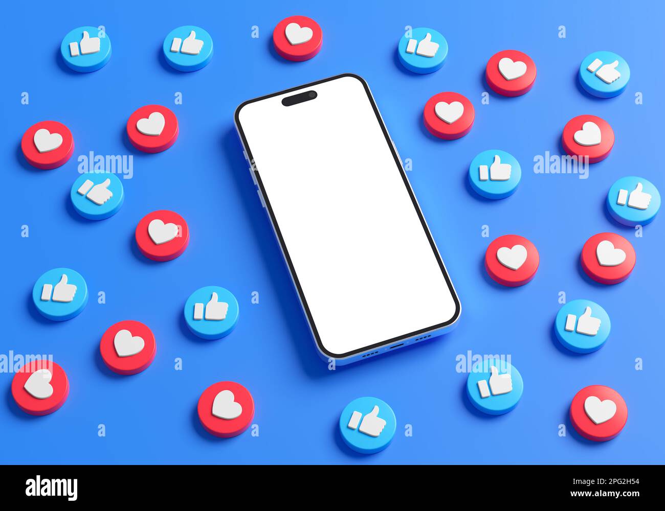 Valencia, Spagna - Marzo, 2023: IPhone mockup schermo vuoto circondato da Facebook come pulsanti su uno sfondo blu in rendering 3D. Post sui social media Foto Stock