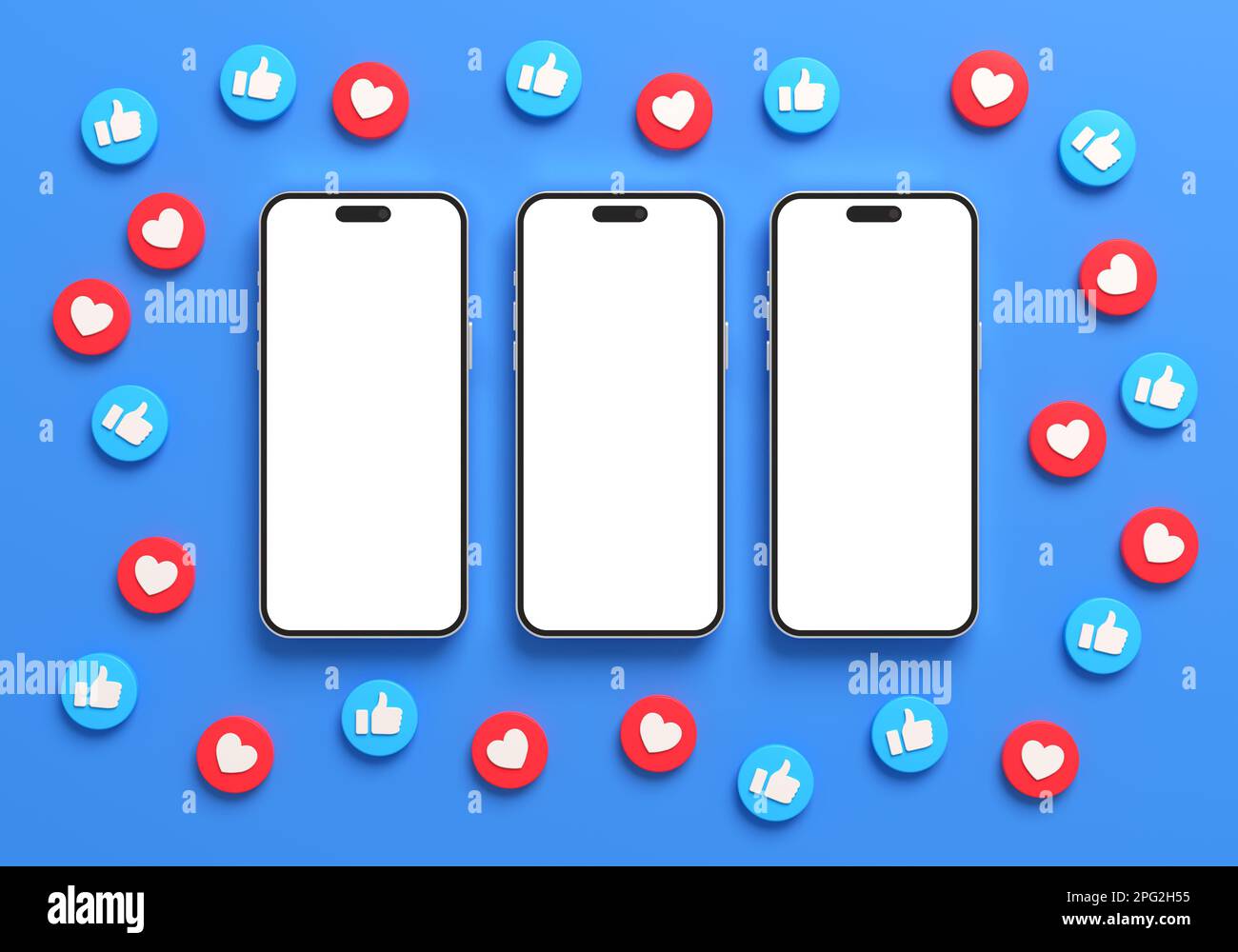 Valencia, Spagna - Marzo, 2023: Tre iPhone mockups schermo vuoto circondato da Facebook come pulsanti su uno sfondo blu in rendering 3D. Media sociale Foto Stock
