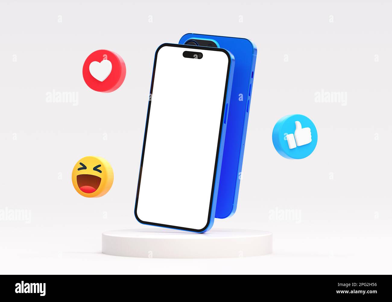 Valencia, Spagna - Marzo, 2023: Facebook cellulare mockup schermo vuoto con social media fluttuante come pulsanti in rendering 3D. Post sul social network Foto Stock