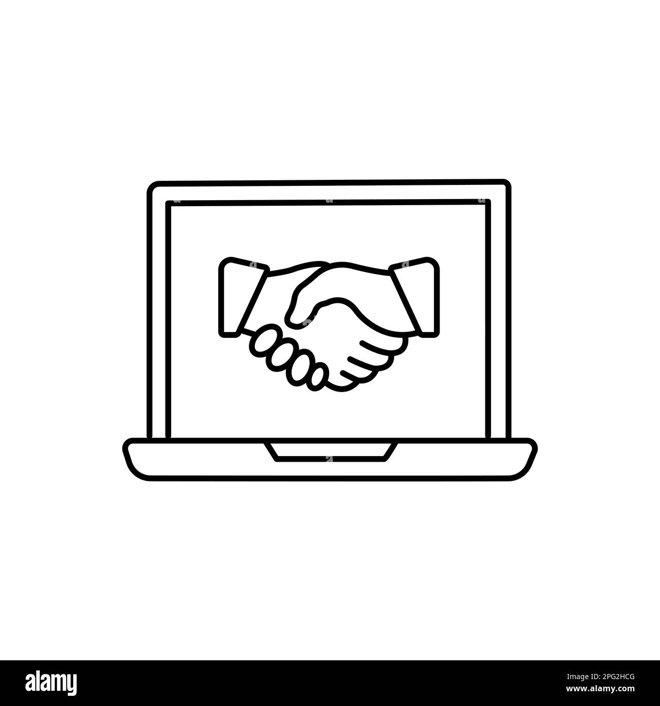 Handshake lineare e notebook come partnership. semplice lineart piatto stile trend moderno stroke logo grafica disegno illustrazione isolato su bianco ba Illustrazione Vettoriale