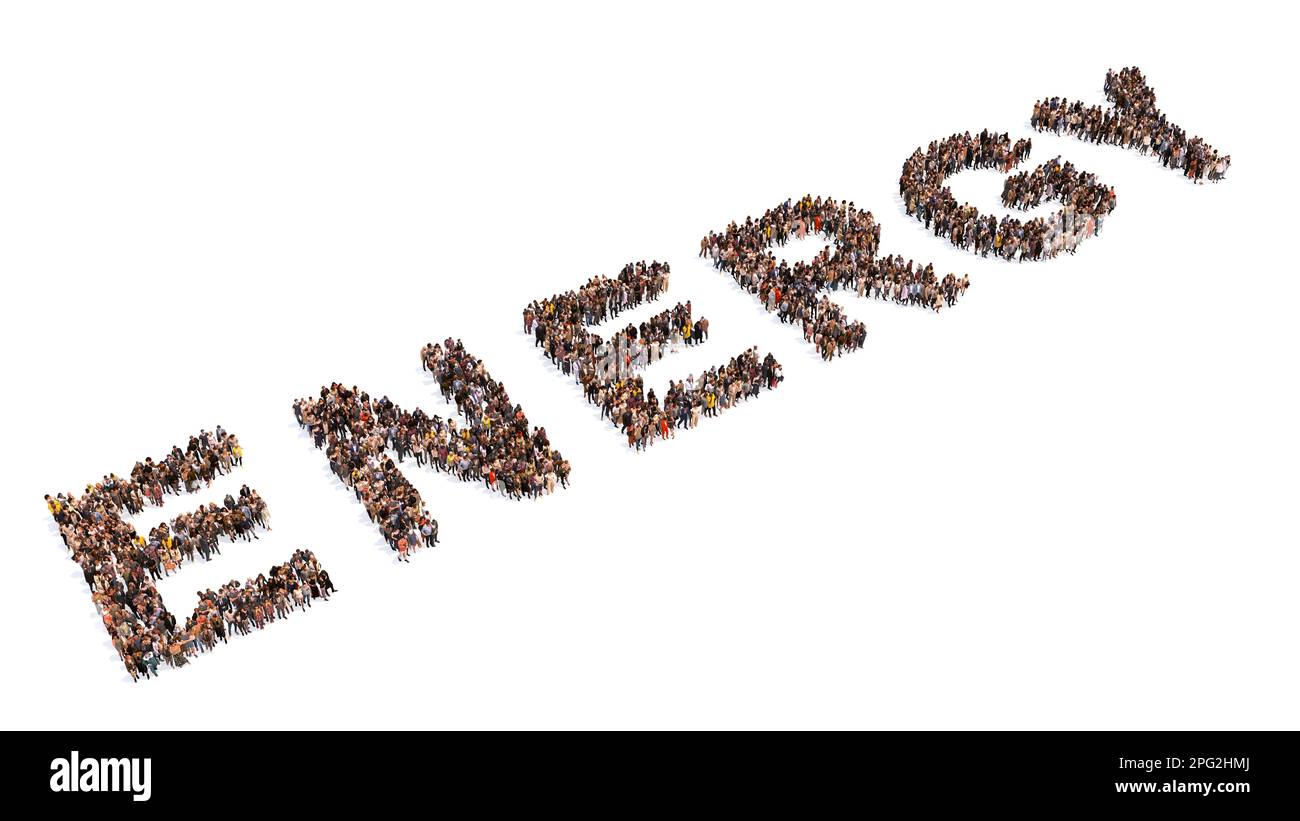 Concetto o grande comunità concettuale di persone che formano parola DI ENERGIA. 3d metafora illustrativa per combustibili fossili, tecnologia, alternativa, rinnovabile Foto Stock