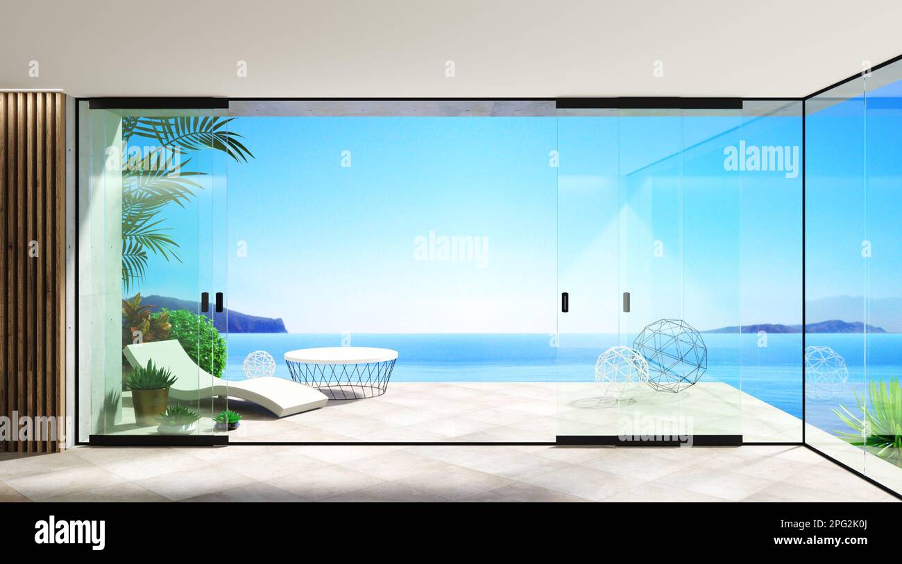 Automatico porte scorrevoli nere mare villa patio facciata mockup Foto Stock