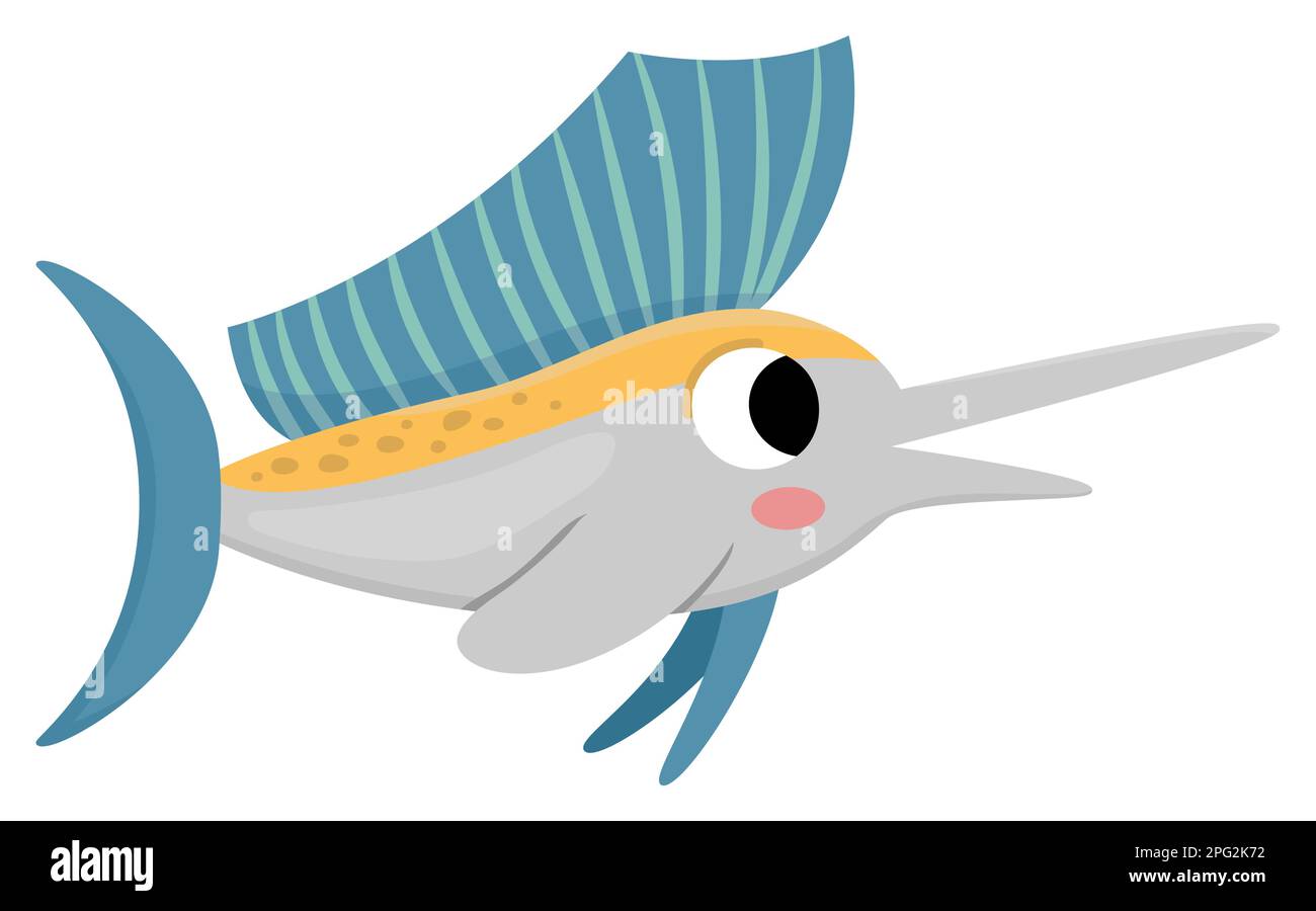 Icona Vector Sailfish. Sotto il mare illustrazione con simpatico pesce divertente con naso lungo. Clipart degli animali dell'oceano. Cartoon subacqueo o arte clip marina per Illustrazione Vettoriale