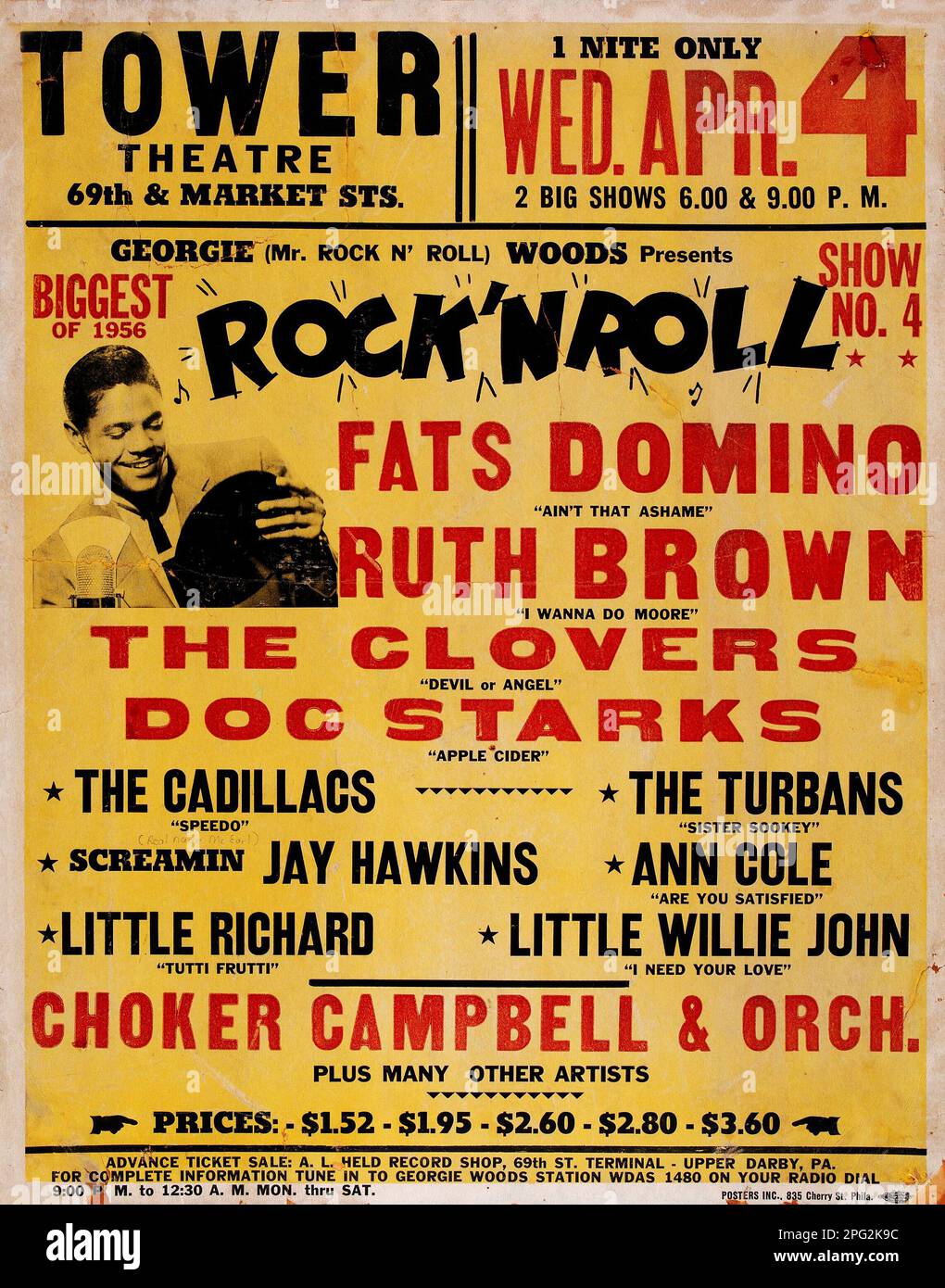 1950s poster del concerto - Rock and Roll - Fats Domino, Little Richard, The Clovers, Doc Starks, Little Willie John, 1956 Tower Theatre Philadelphia Foto Stock