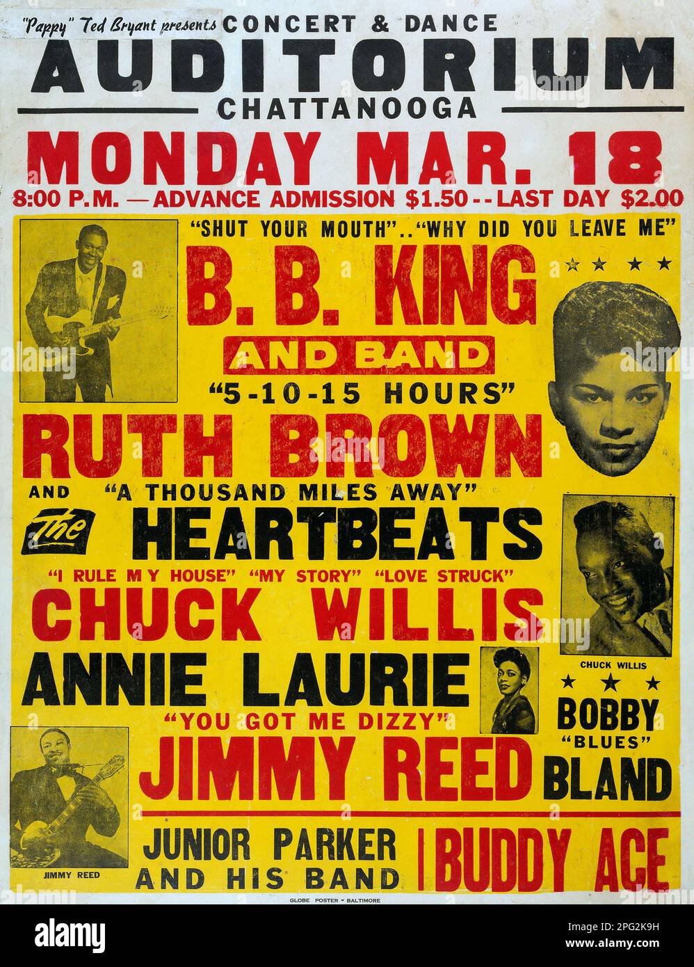 B.B. Poster del concerto di King, Ruth Brown, Bobby Bland e Jimmy Reed 1957 Jumbo Globe Foto Stock