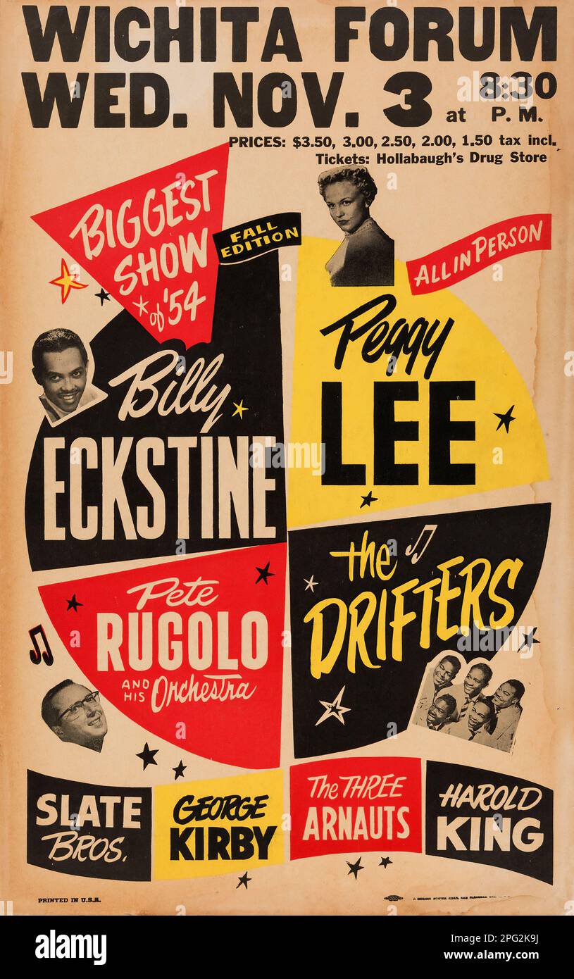 Billy Eckstine - Peggy Lee - The Drifters - Wichita Forum Kansas, Vintage Concert Poster (1954) Foto Stock